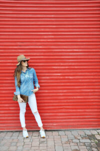 denim turquoise white jeans