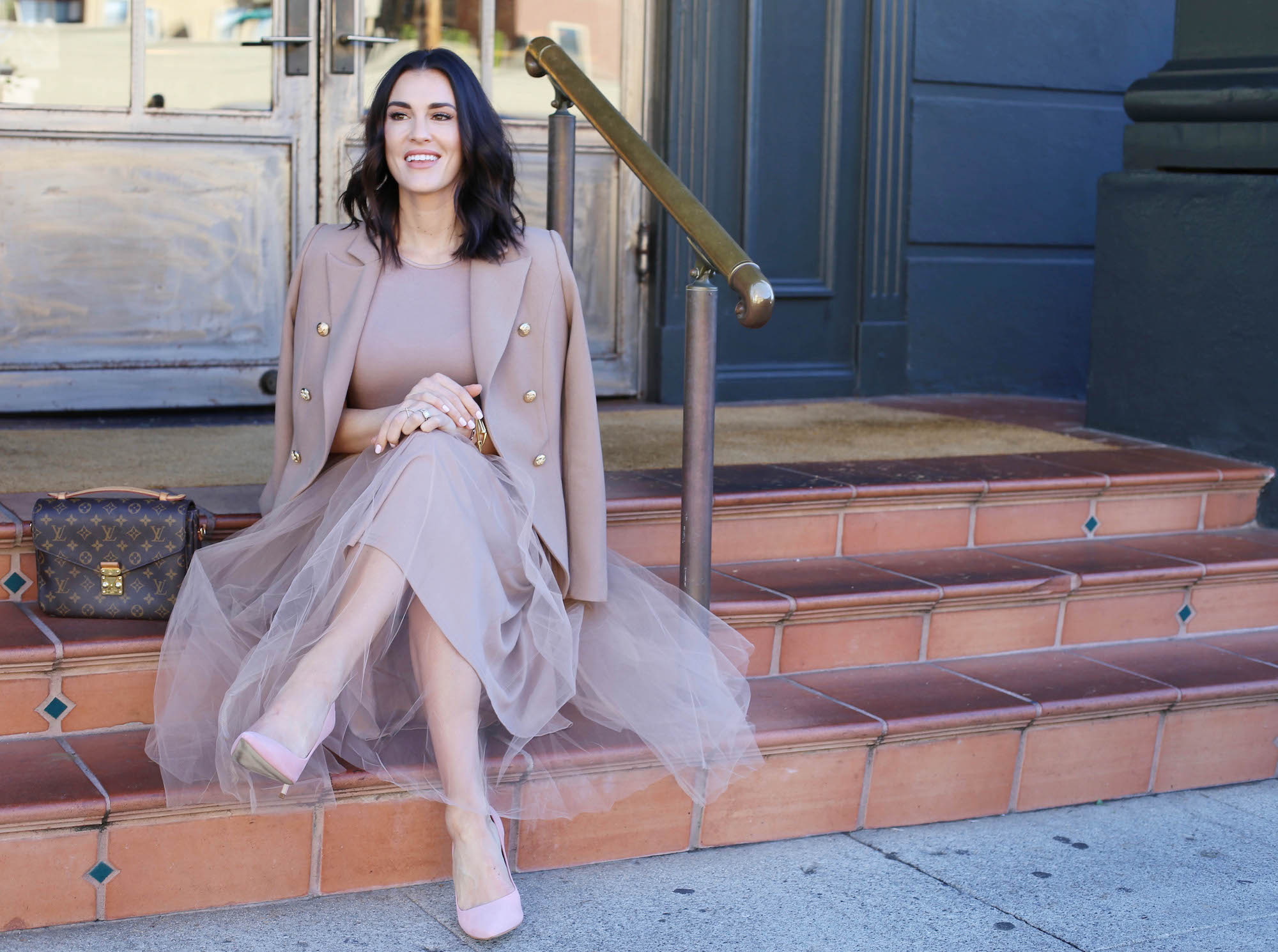 nude dress styled by kasey