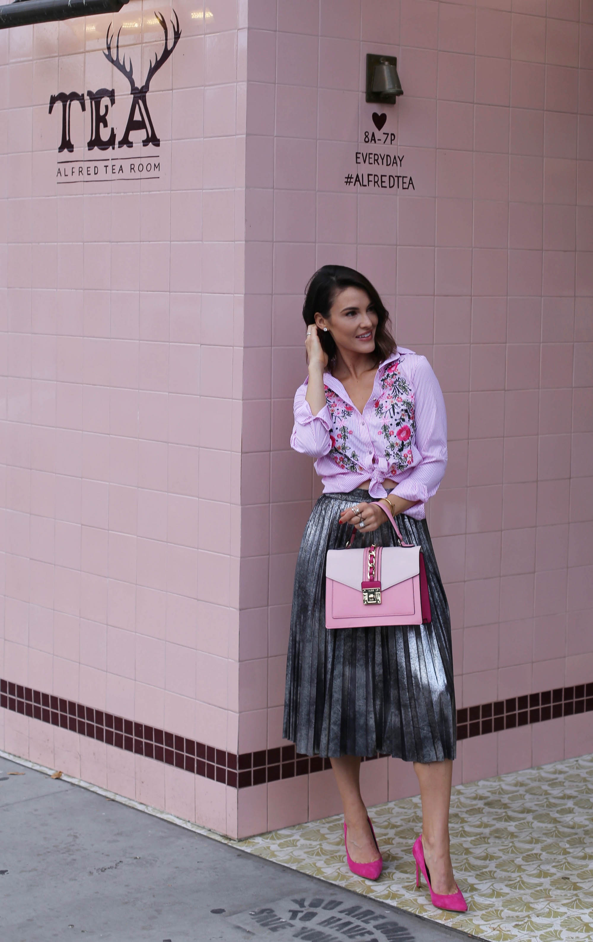 pink and pleated skirt
