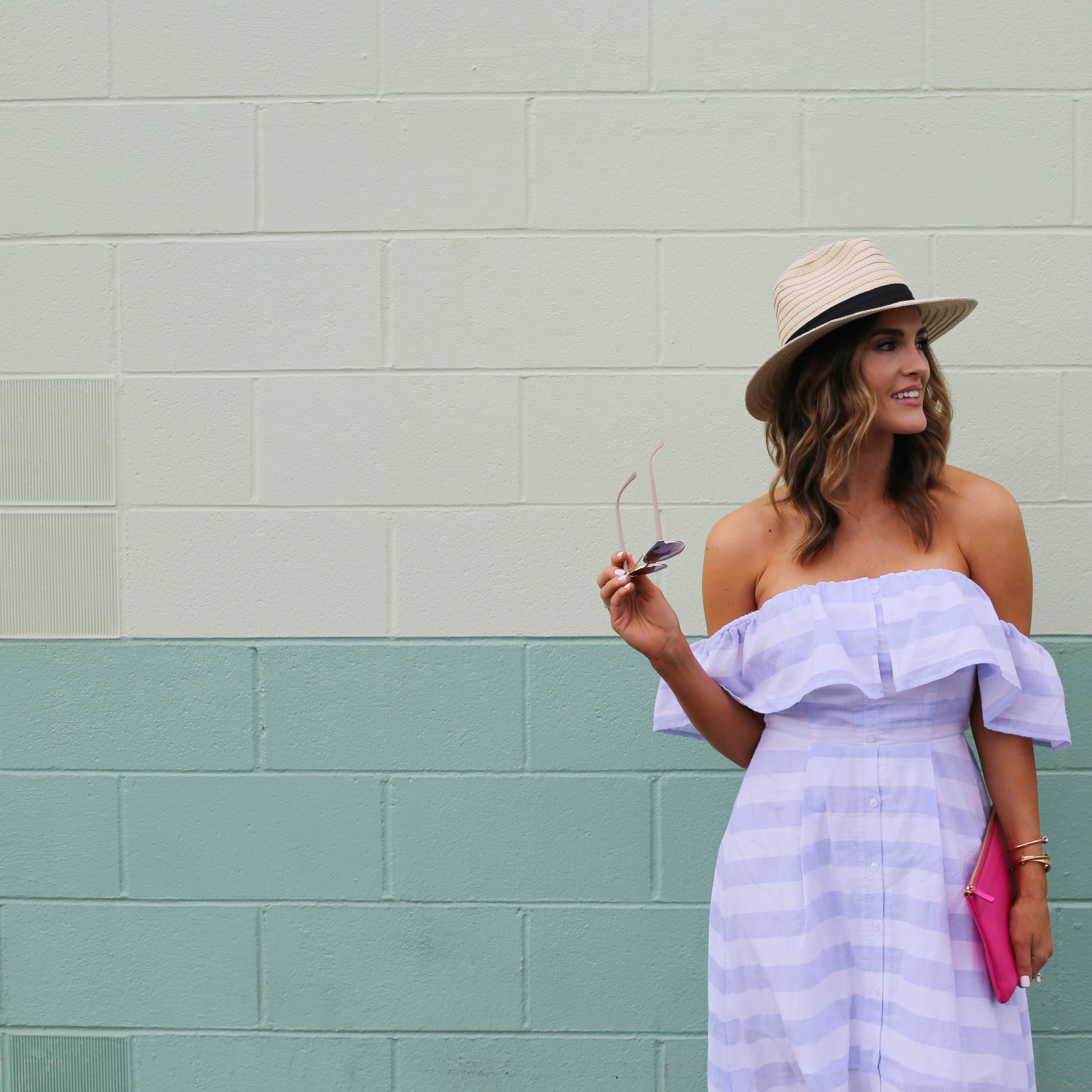 off the shoulder dress stripes styled by kasey