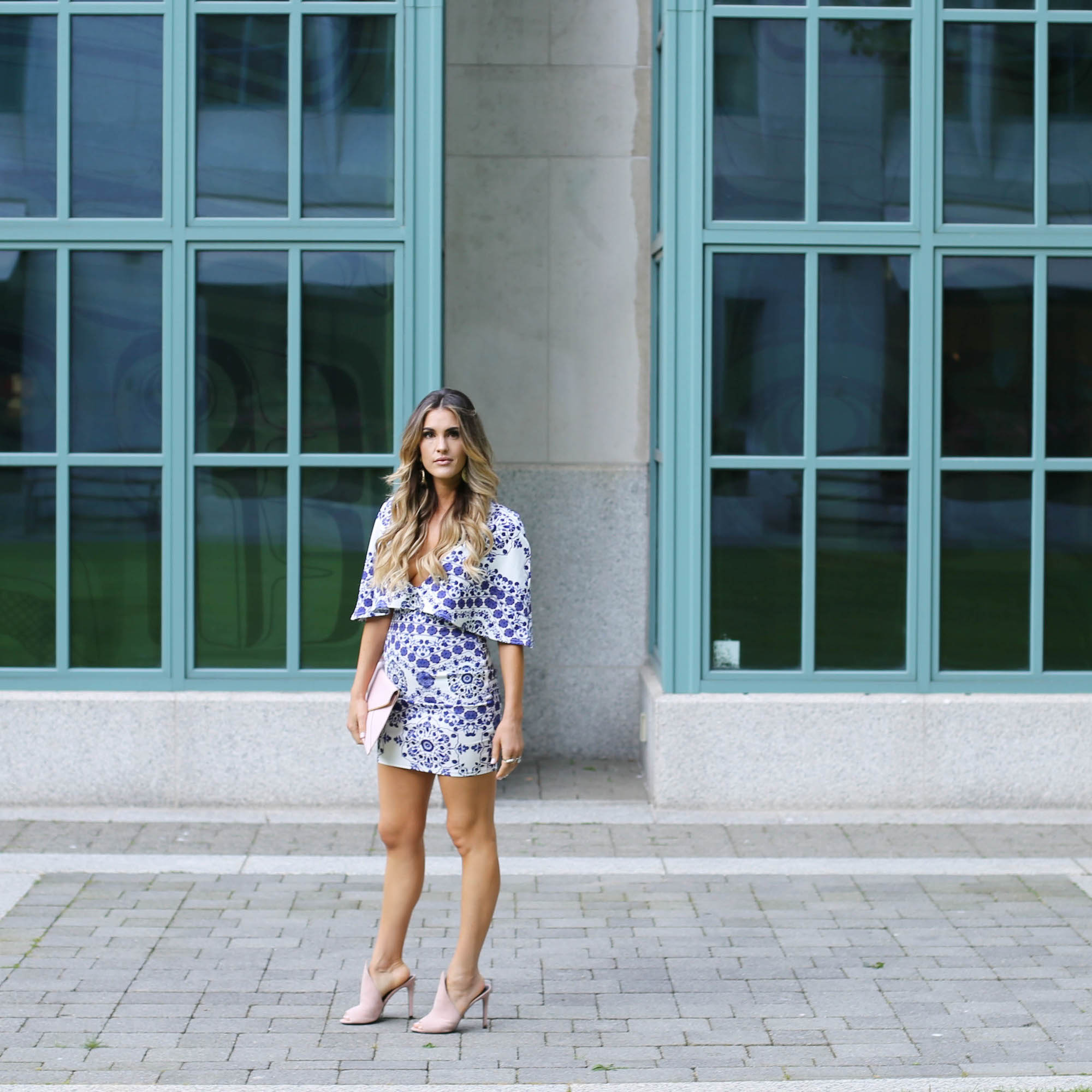 blue and white print cape dress styled by kasey