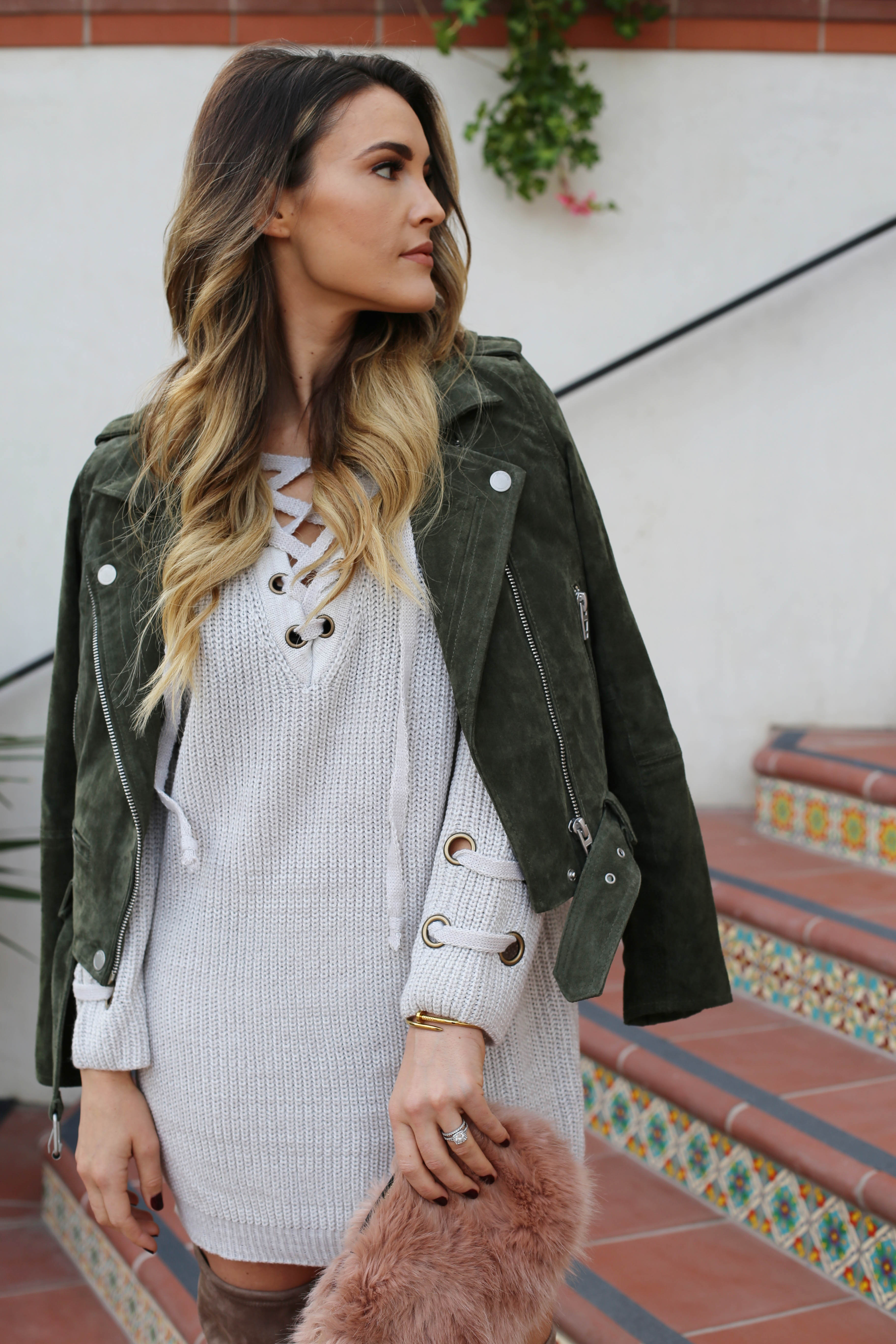 suede sweater dress styled by kasey