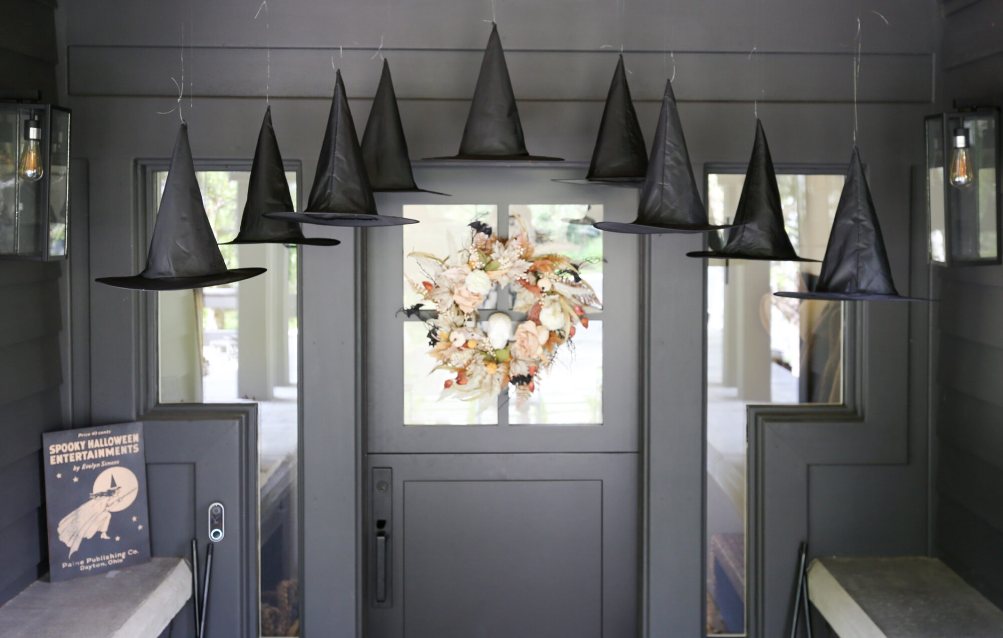 floating witch hat halloween front door
