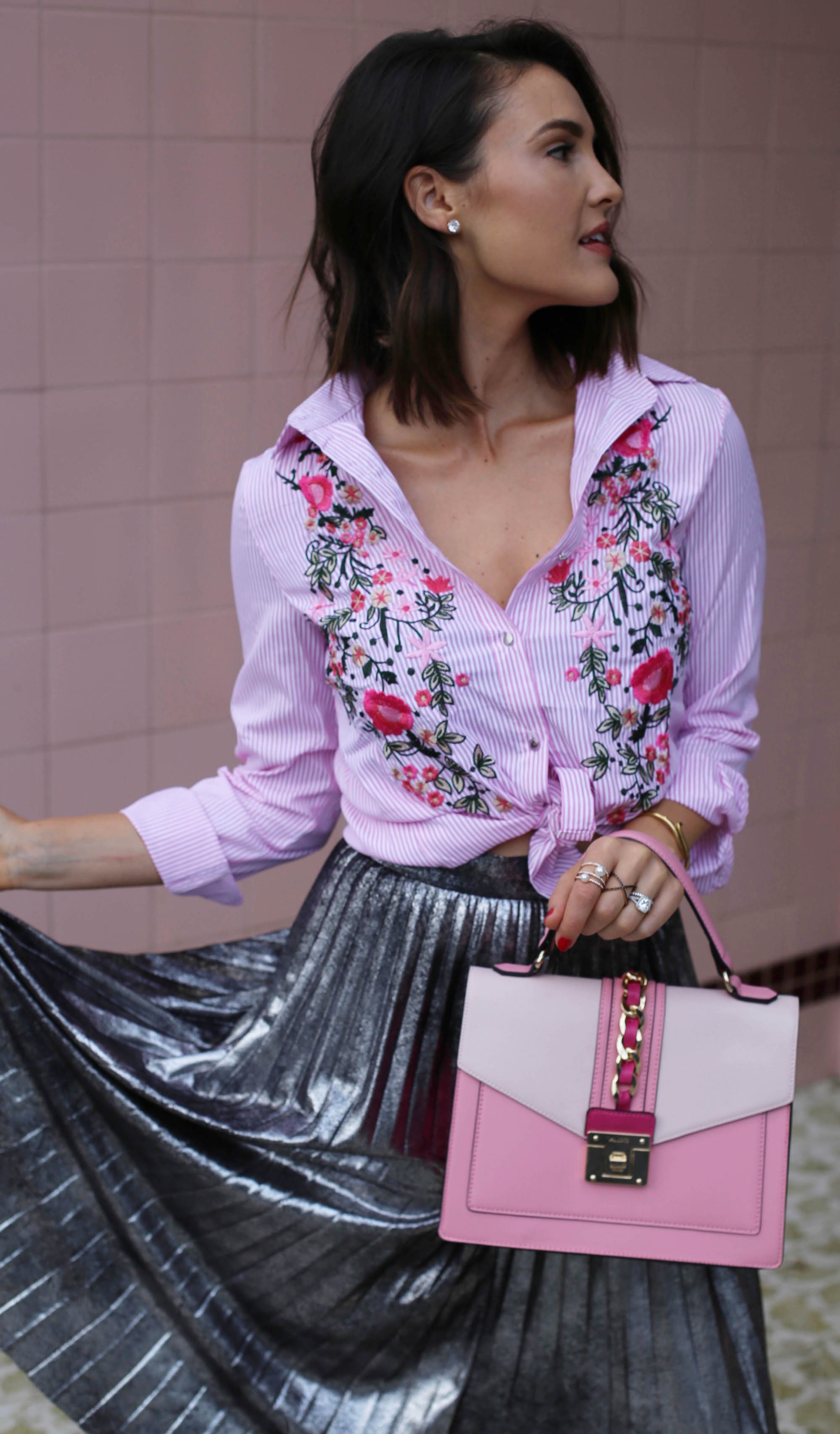 pink and pleated skirt