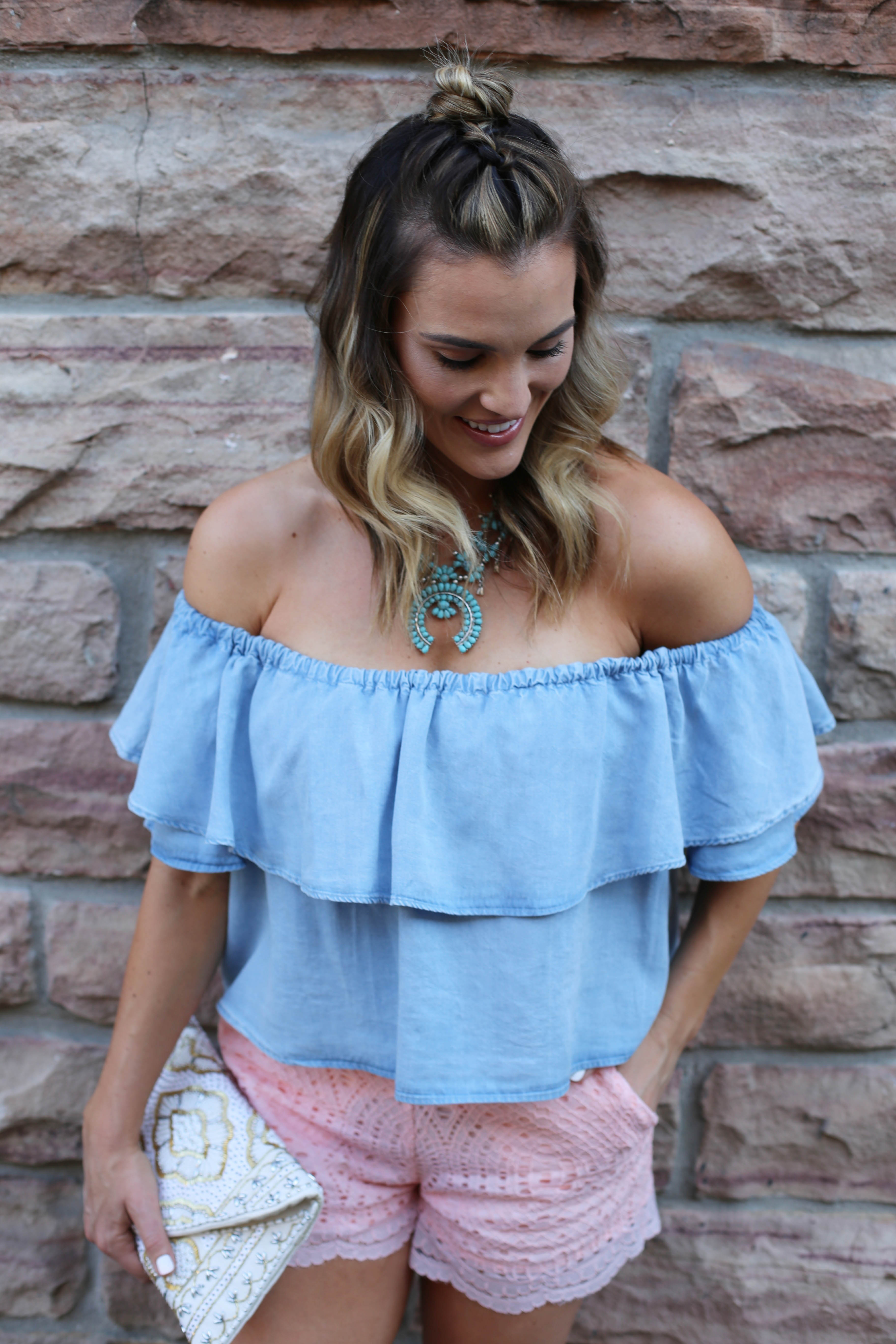 lace shorts off the shoulder top styled by kasey