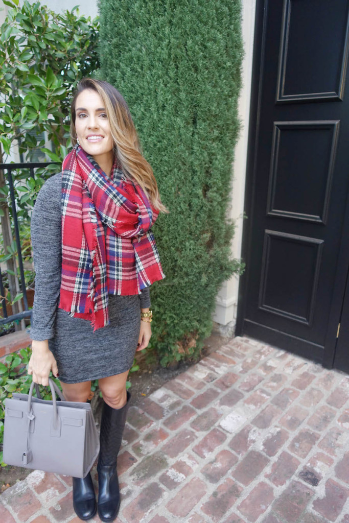 lulus_plaid scarf and sweater dress
