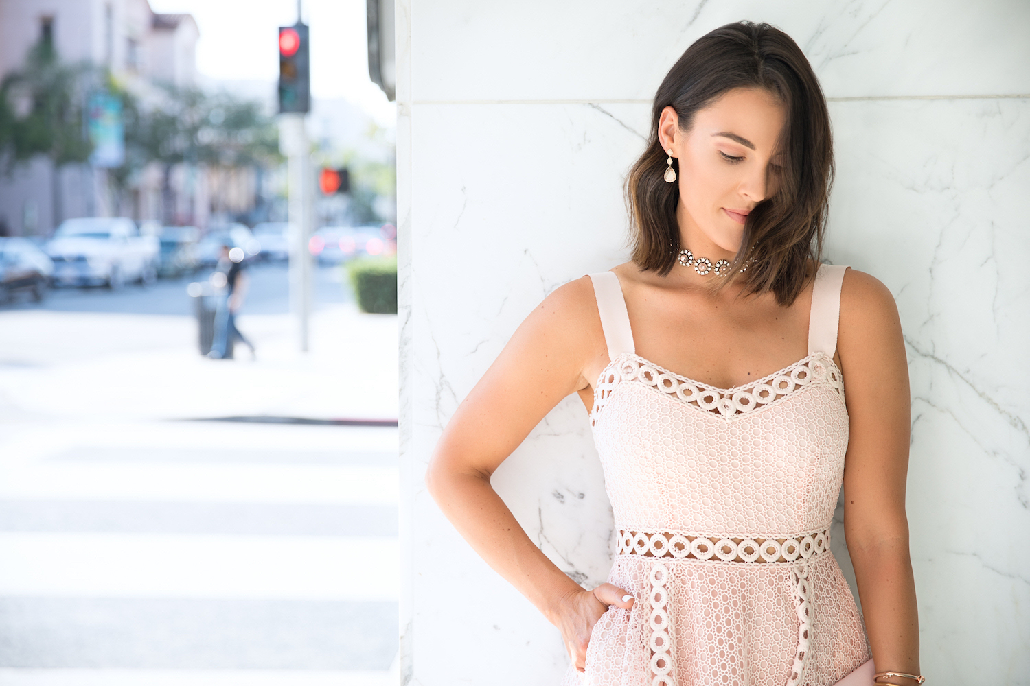Blush wedding guest dress