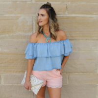 lace shorts off the shoulder top styled by kasey