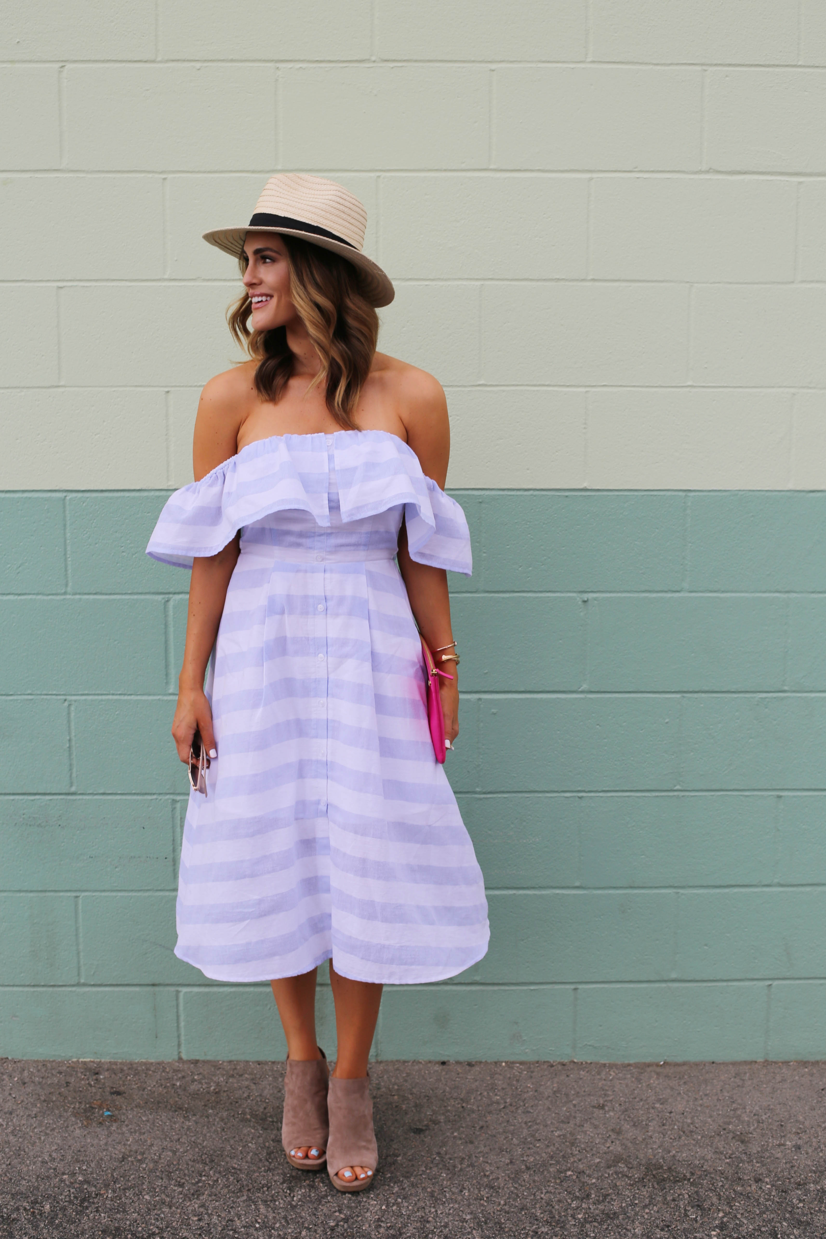 off the shoulder dress stripes styled by kasey