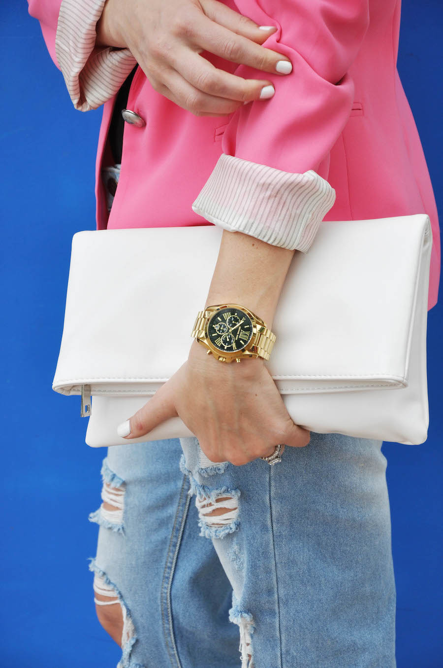 pink blazer distressed denim