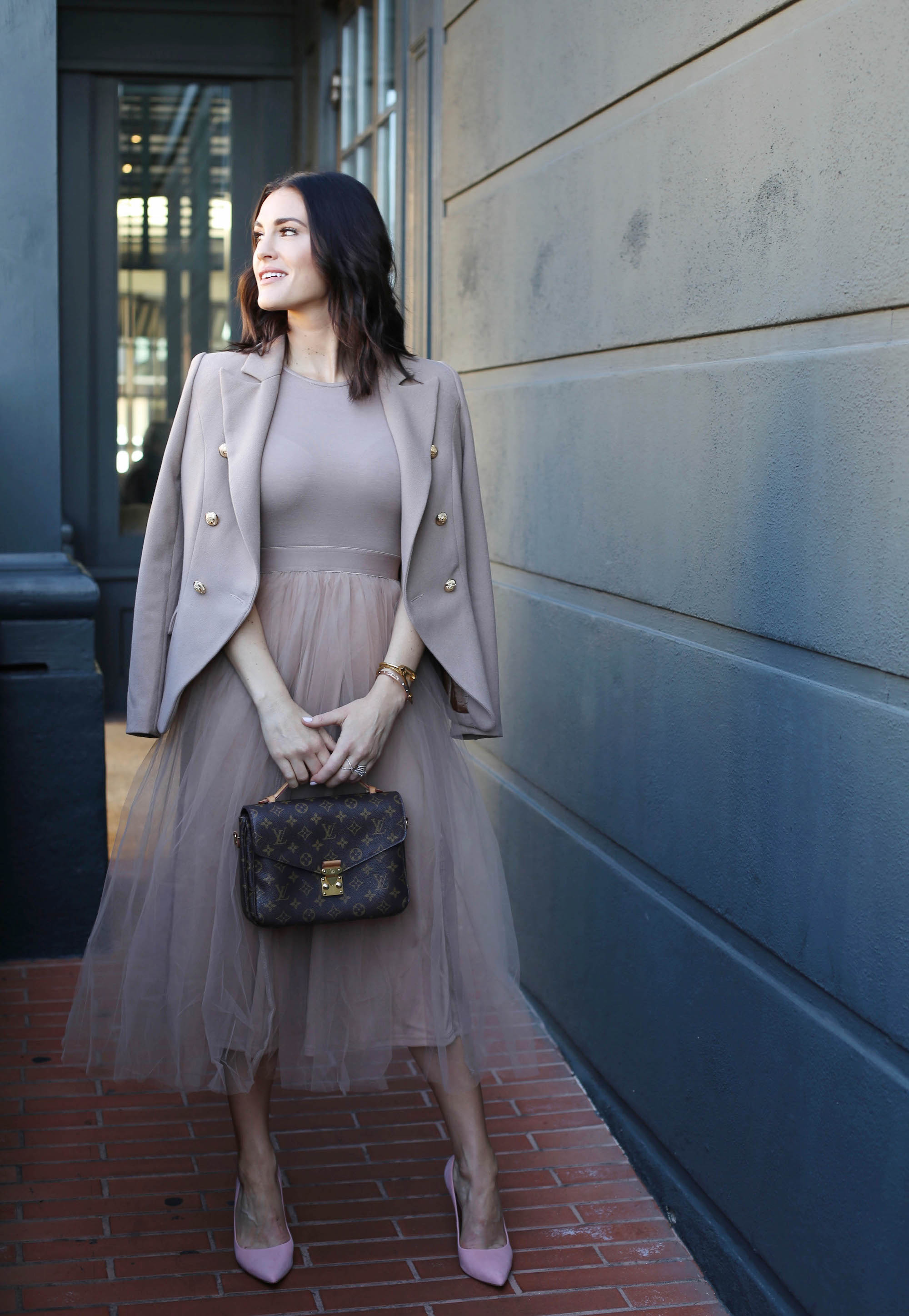 nude dress styled by kasey