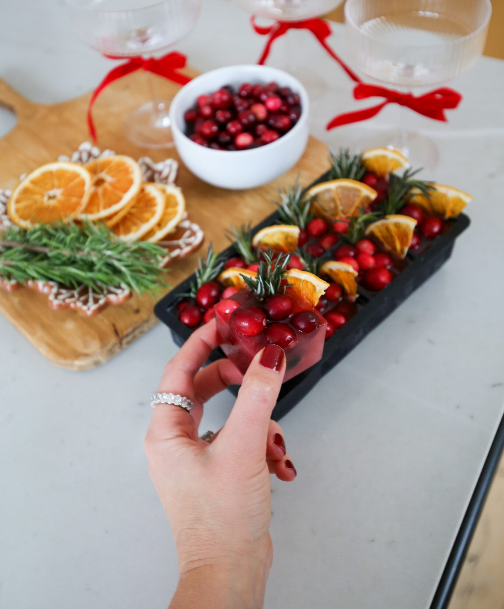 holiday mimosa with fancy ice cubes