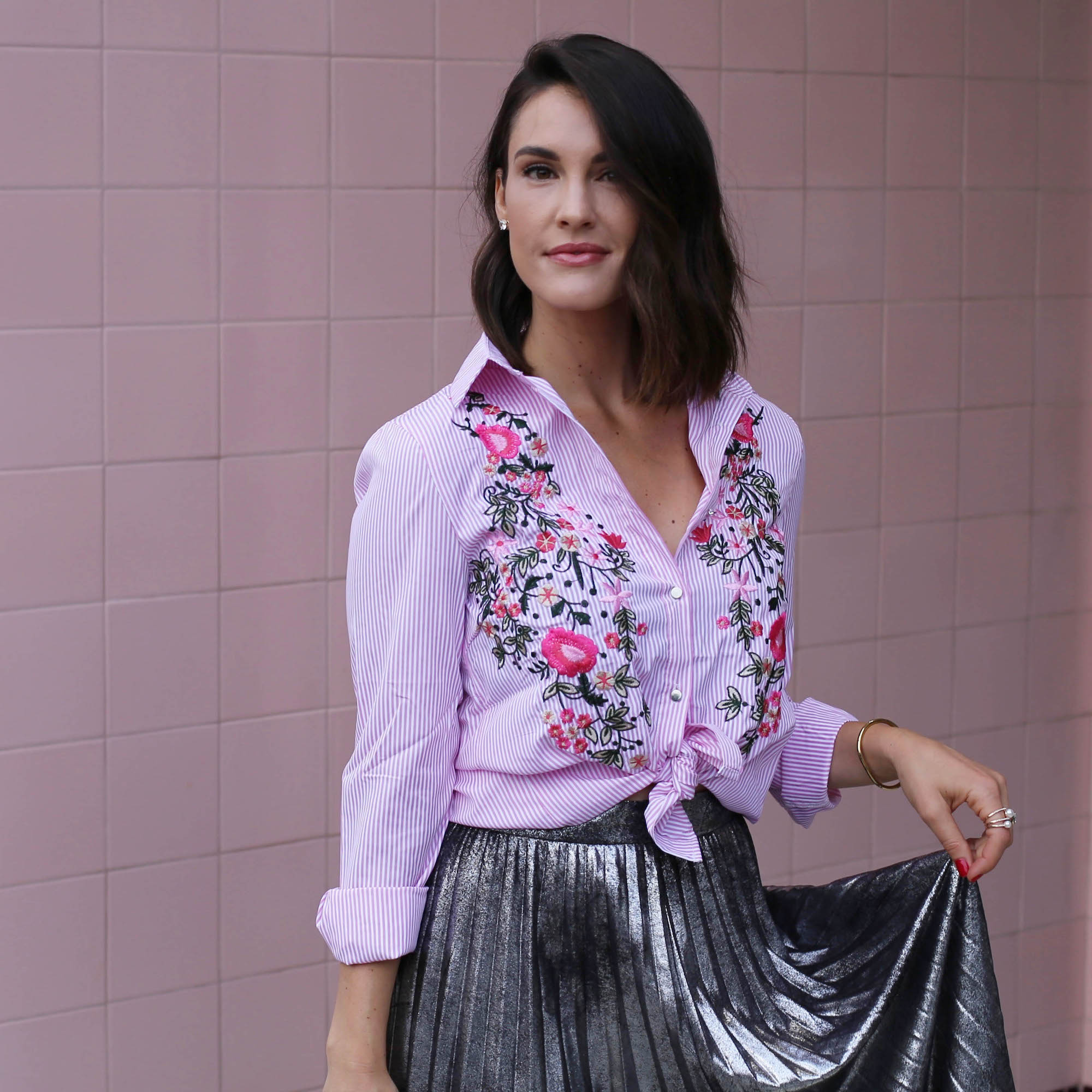 pink and pleated skirt