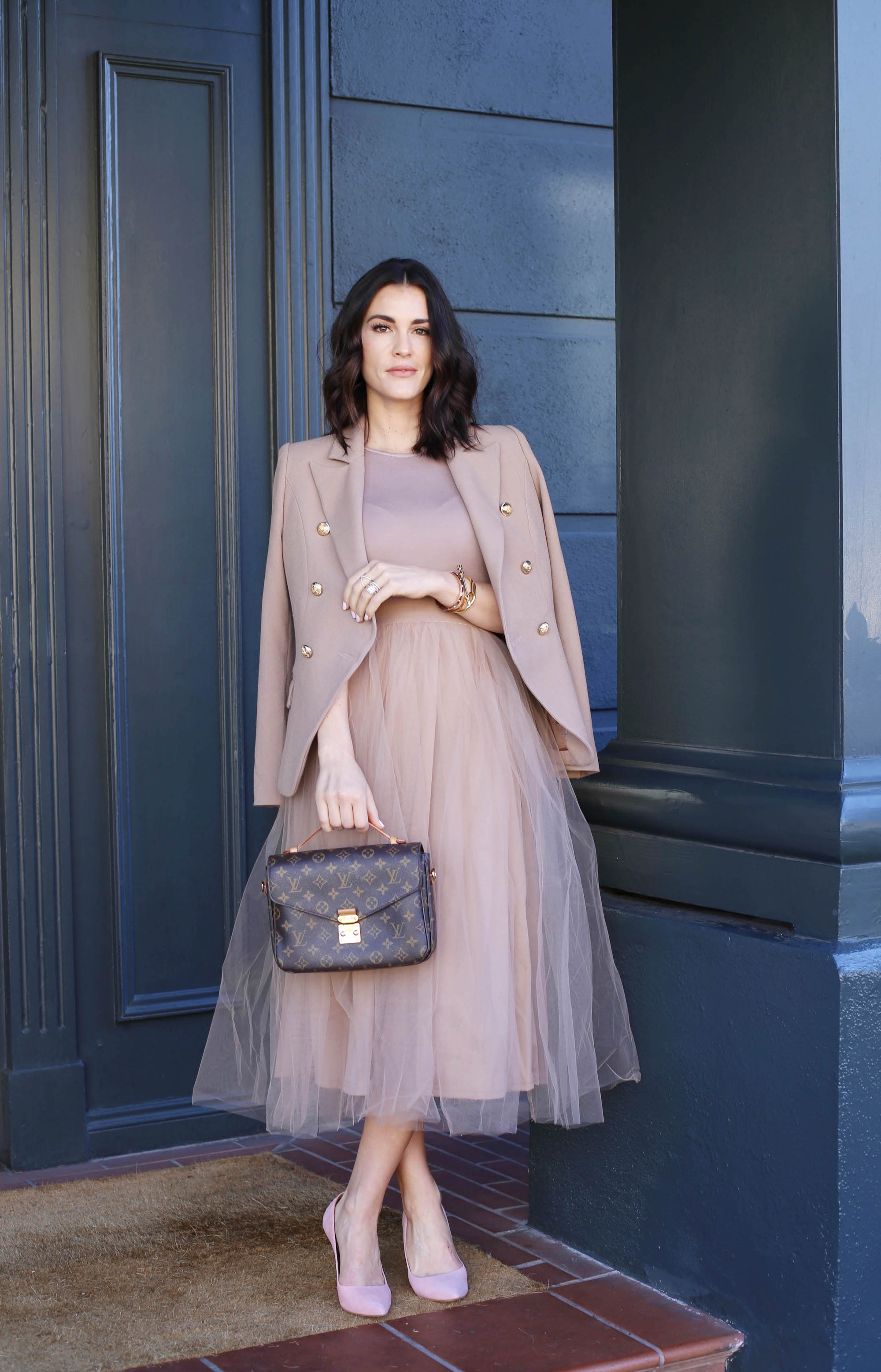nude dress styled by kasey
