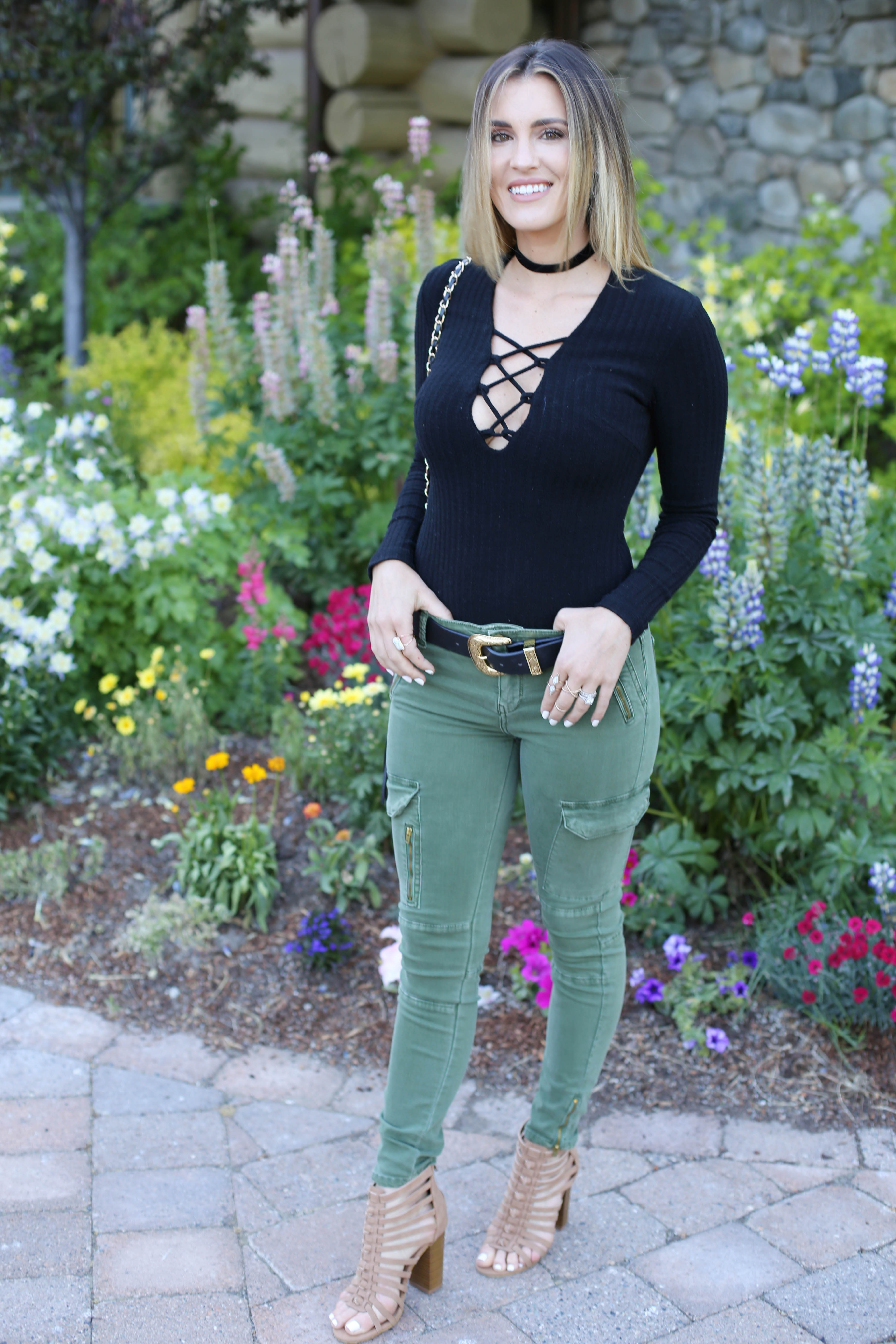cargo pants lace up top styled by kasey 