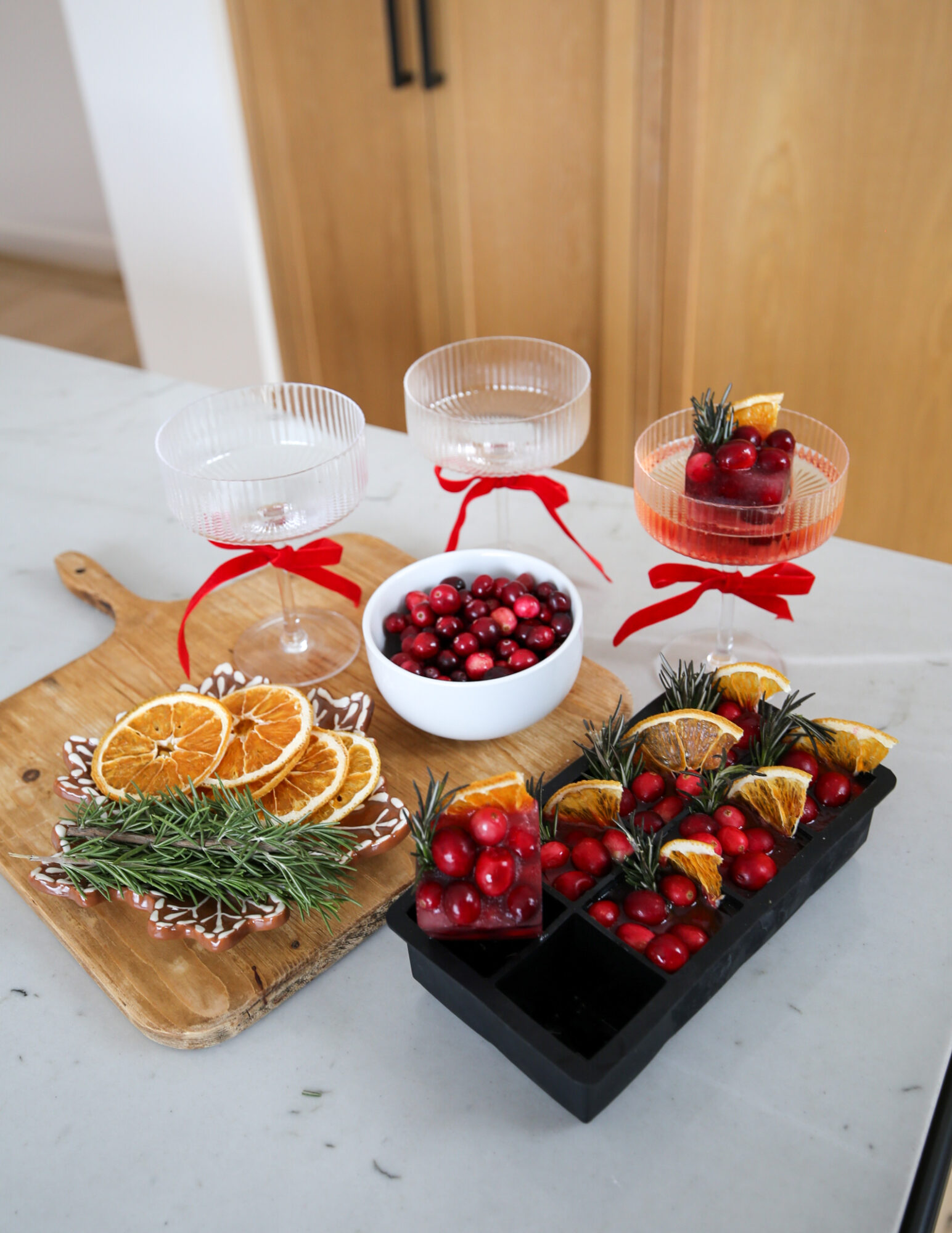 holiday mimosa with fancy ice cubes