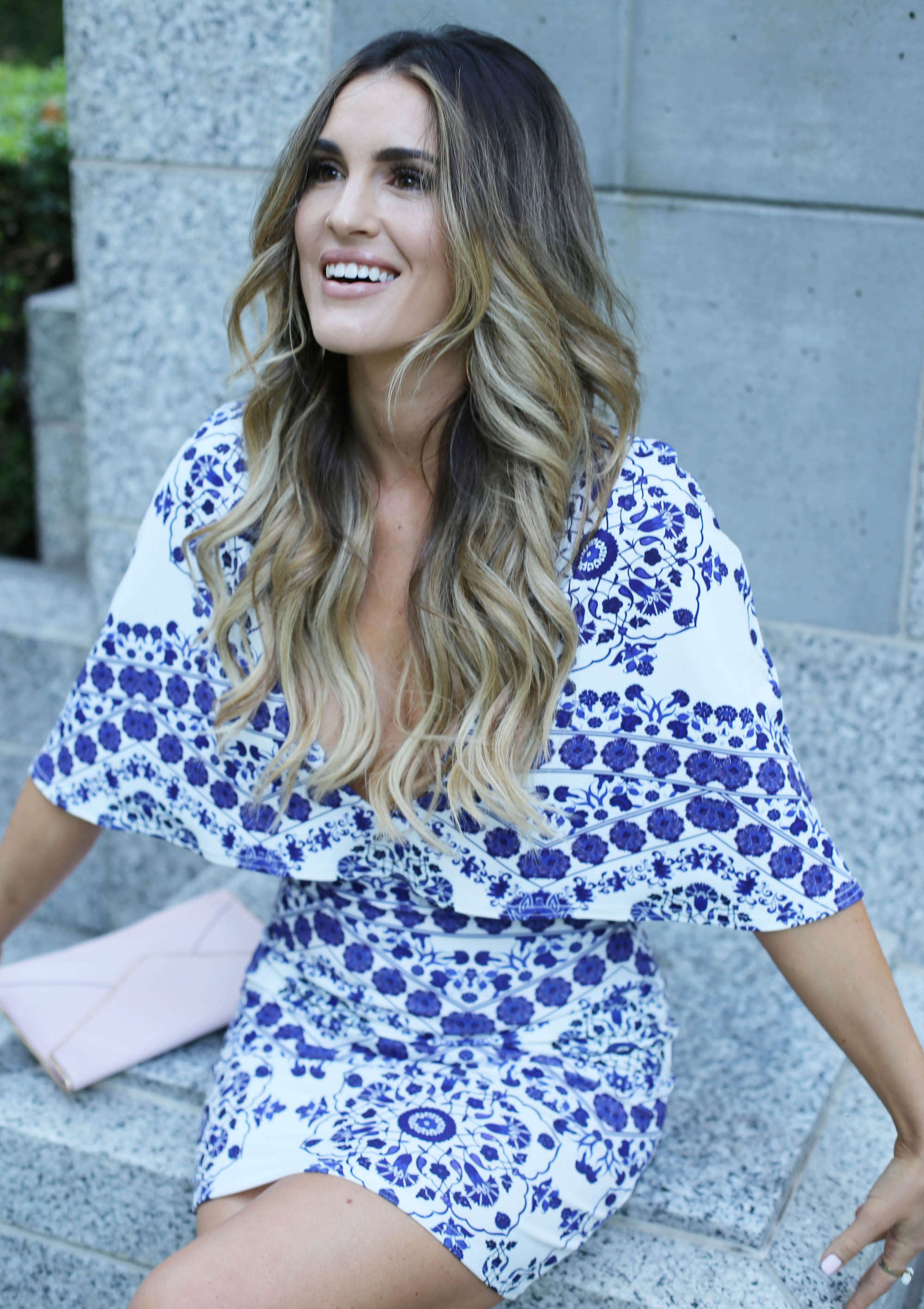 blue and white print cape dress styled by kasey
