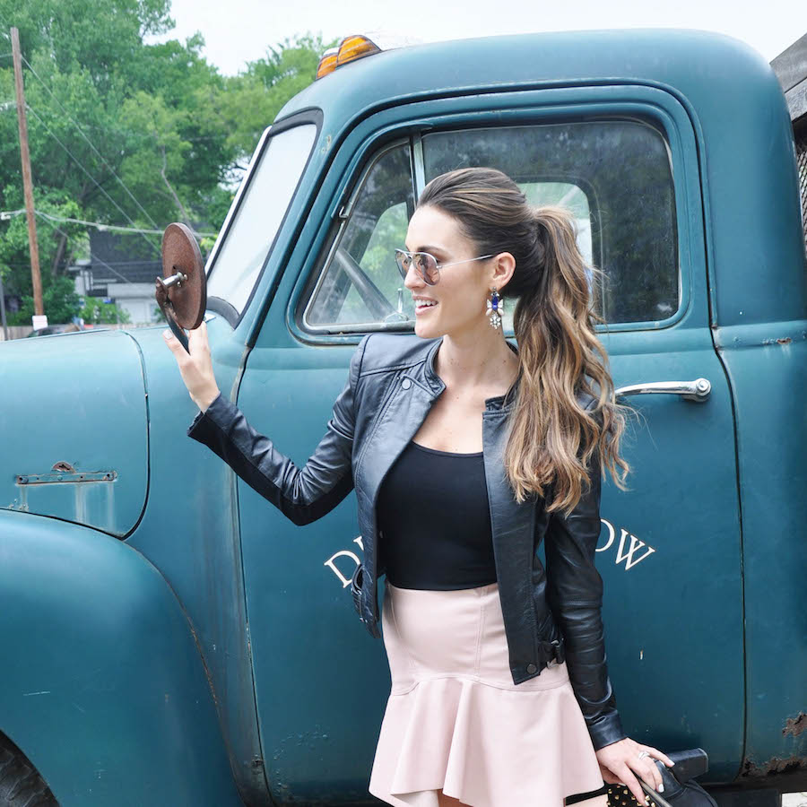 blush skirt leather jacket
