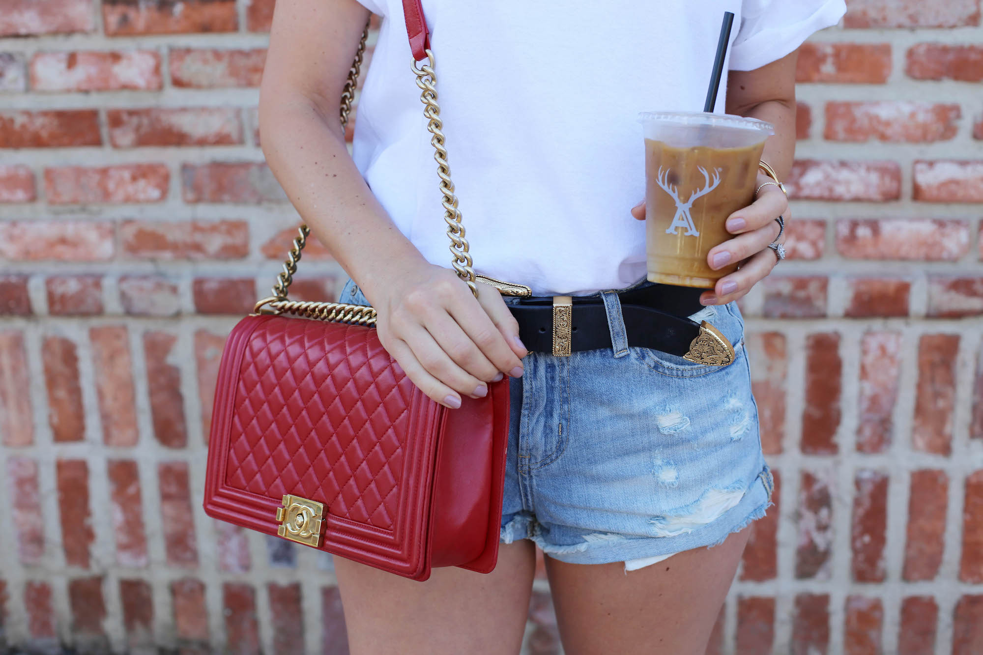 iconic tee red chanel denim shorts