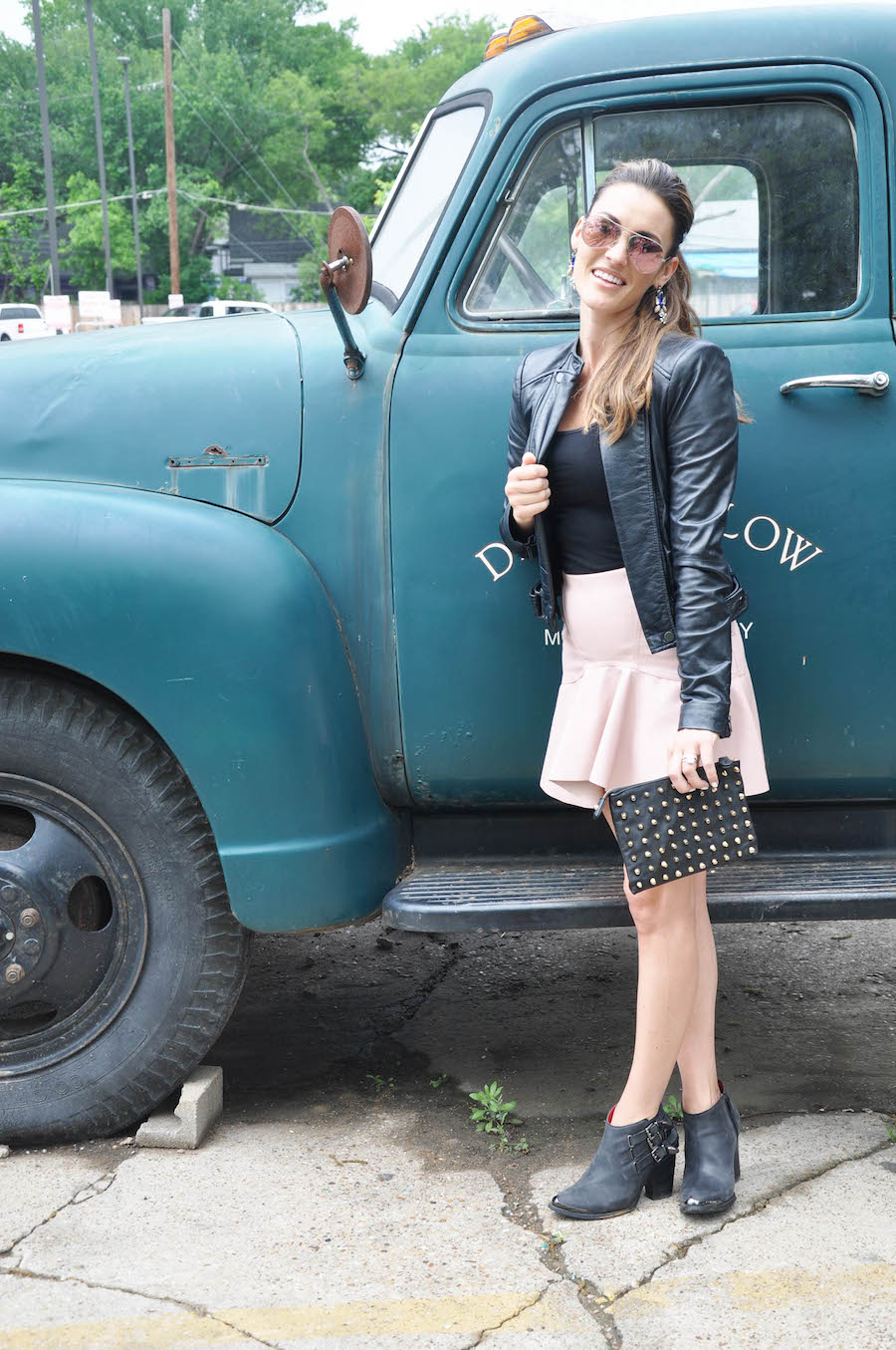 blush skirt leather jacket