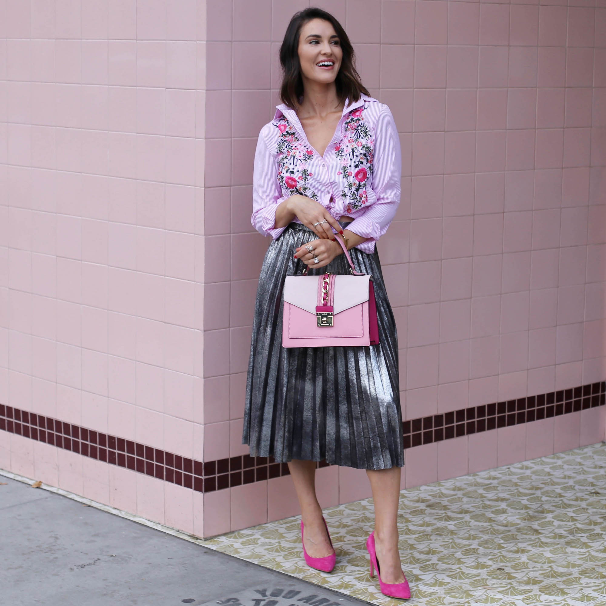 pink and pleated skirt
