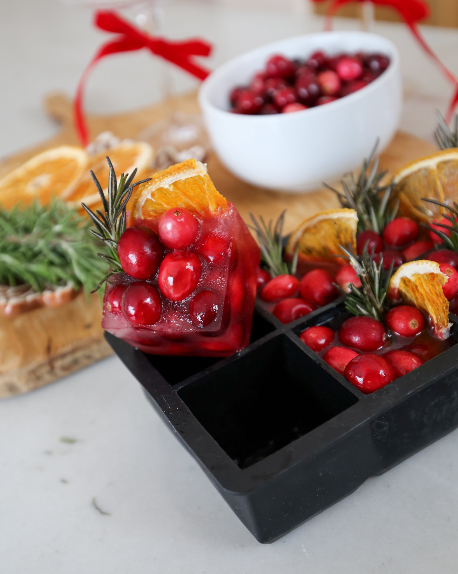 holiday mimosa with fancy ice cubes