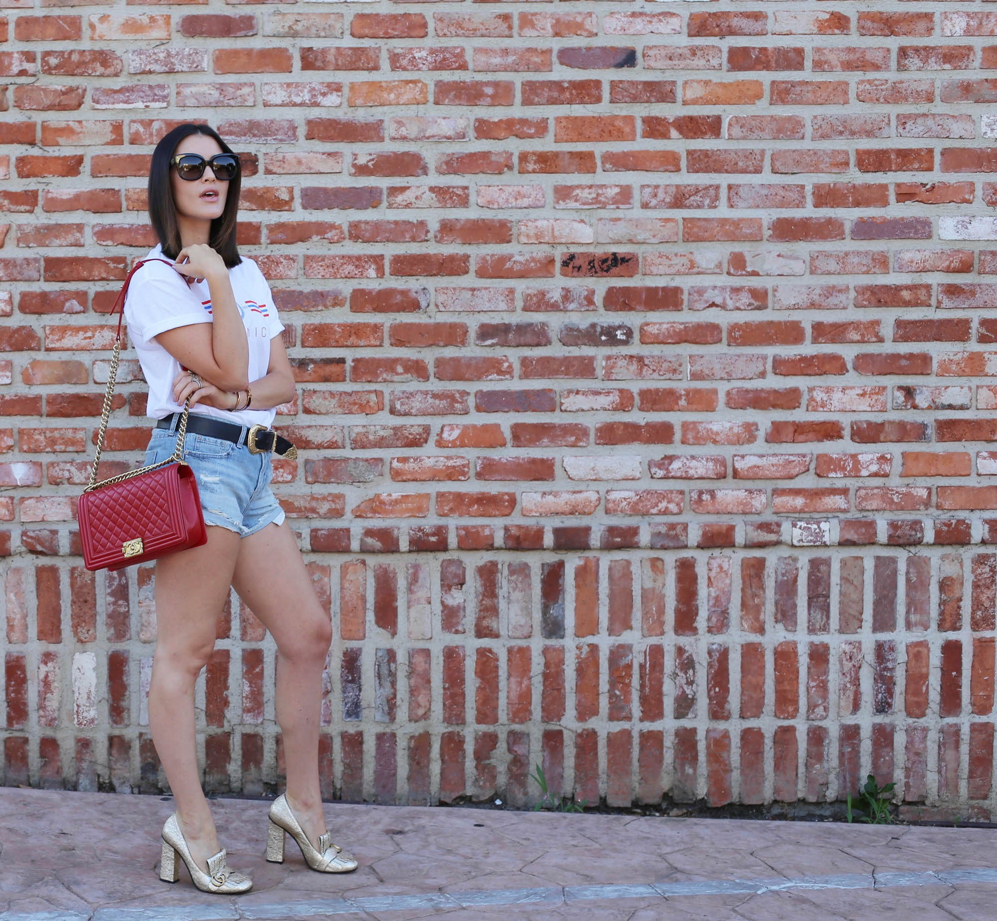 iconic tee red chanel denim shorts