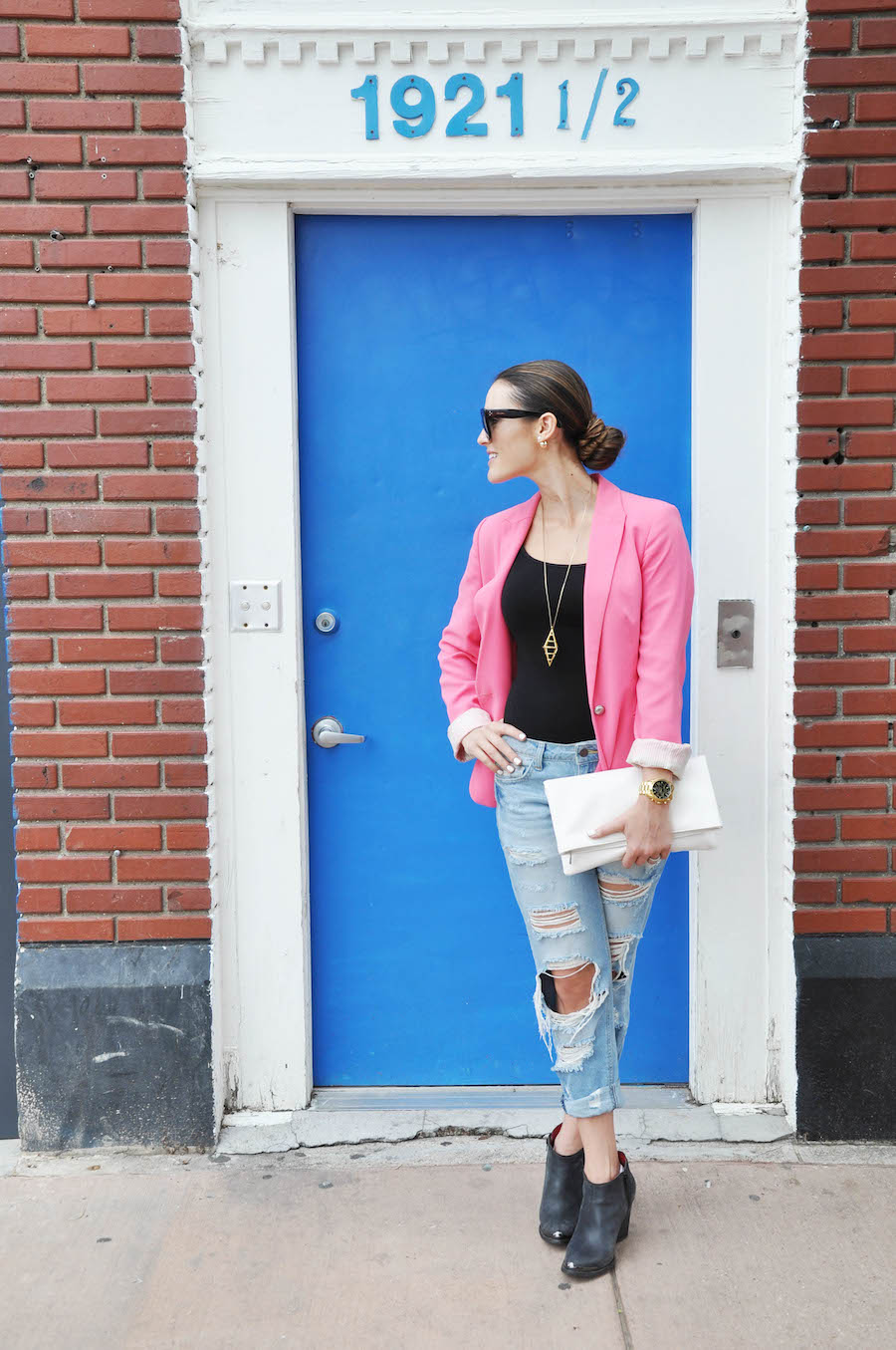 pink blazer distressed denim 