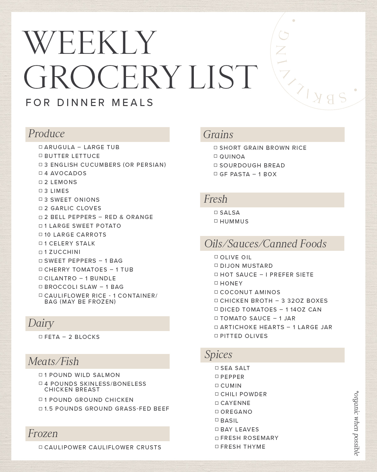 weekly grocery list
