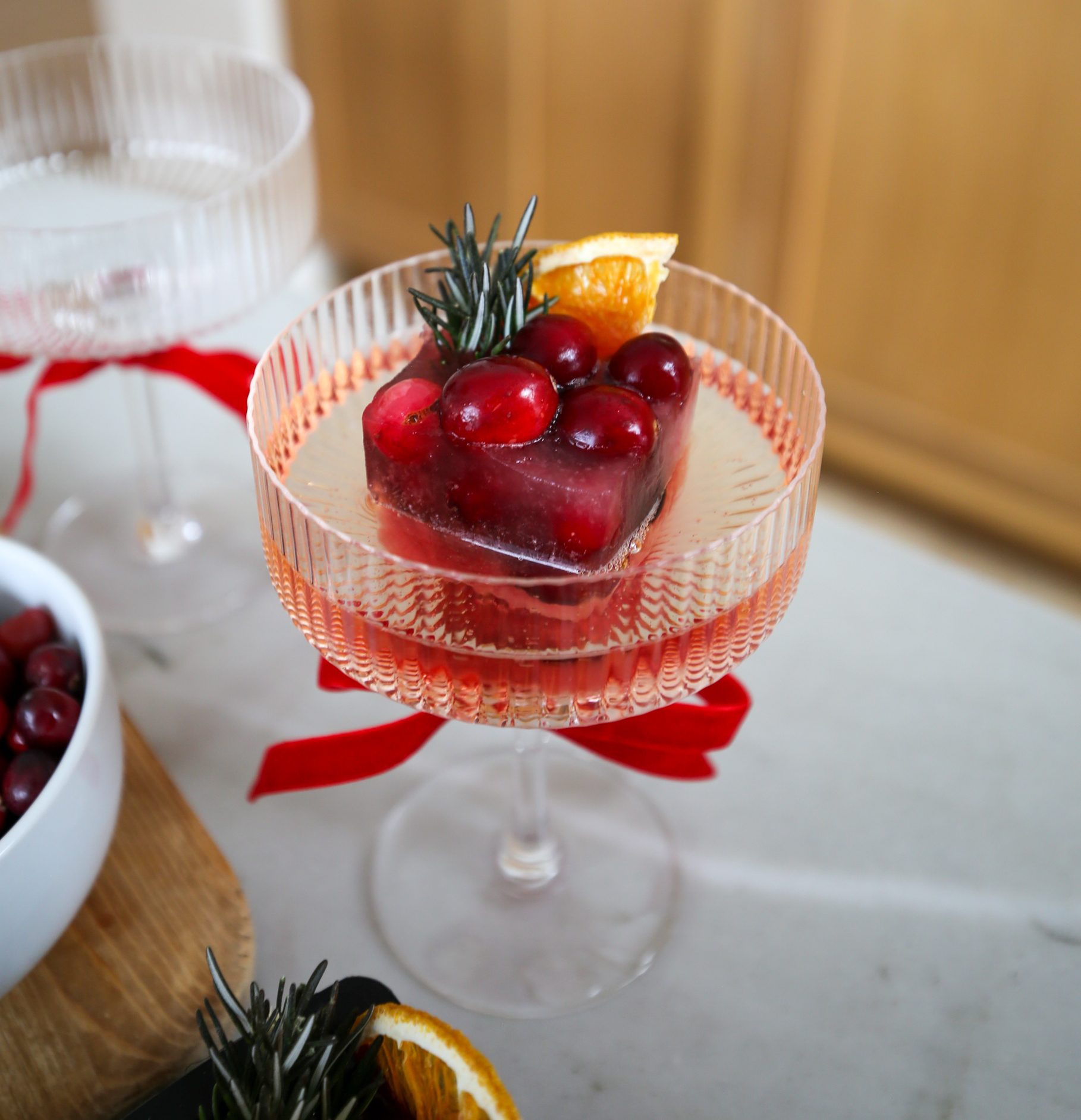 holiday mimosa with fancy ice cubes