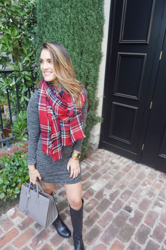 lulus_plaid scarf and sweater dress