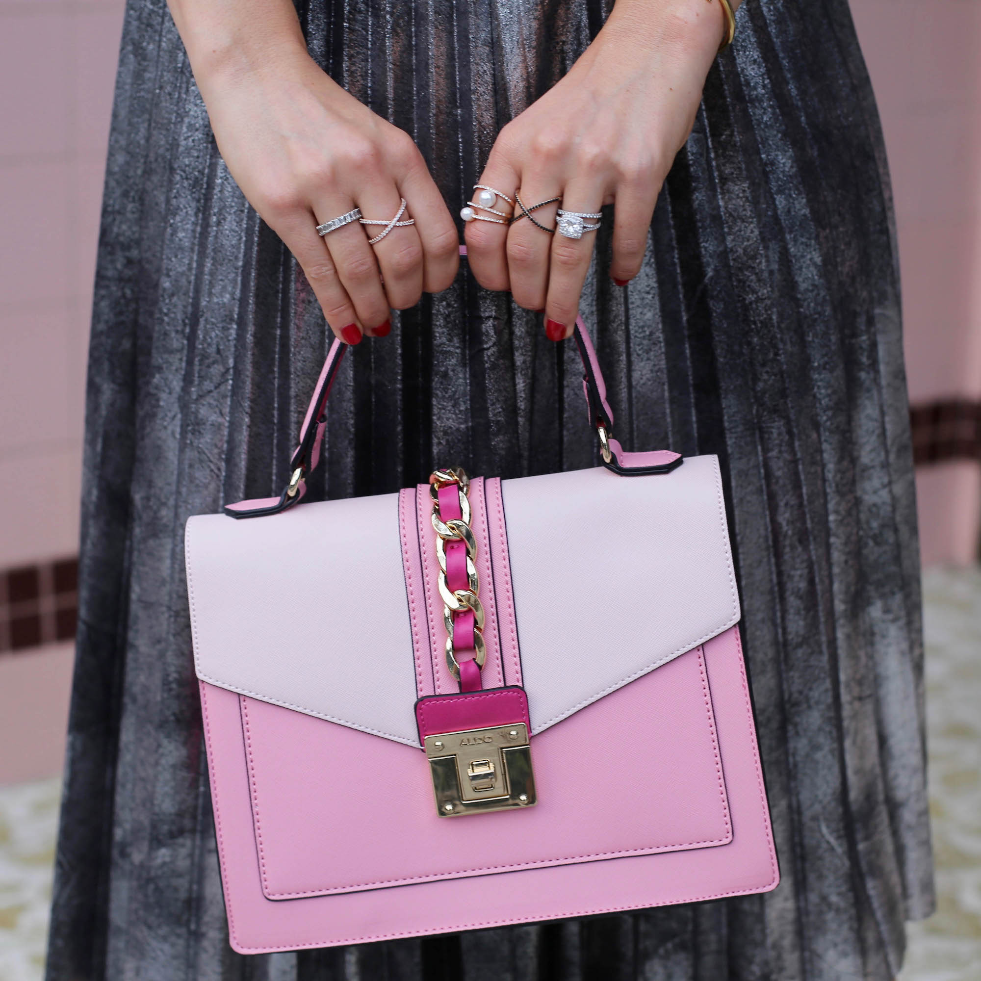 pink and pleated skirt