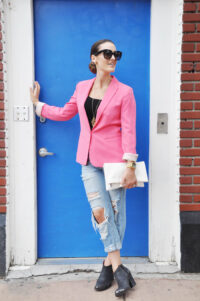 pink blazer distressed denim