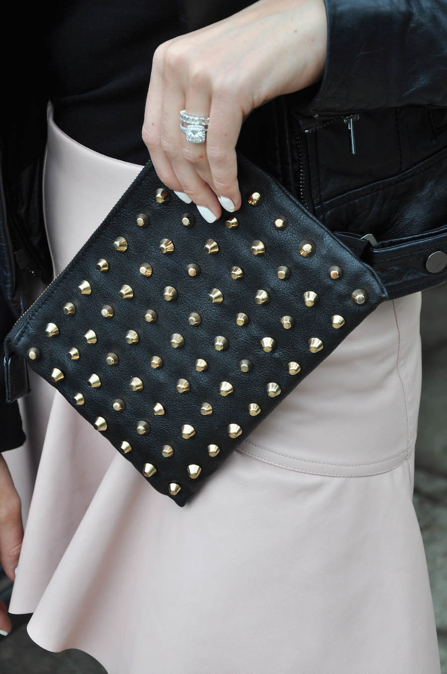 blush skirt leather jacket