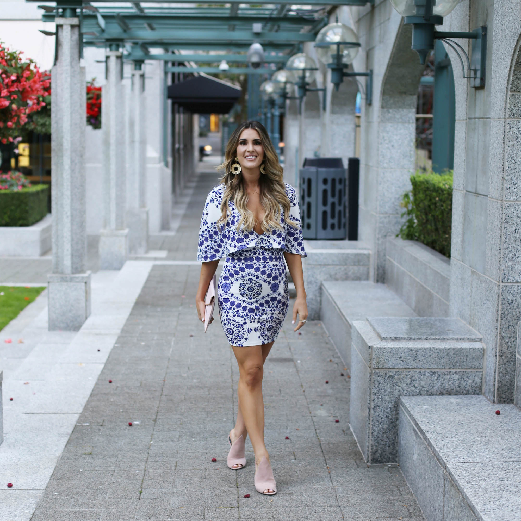 blue and white print cape dress styled by kasey
