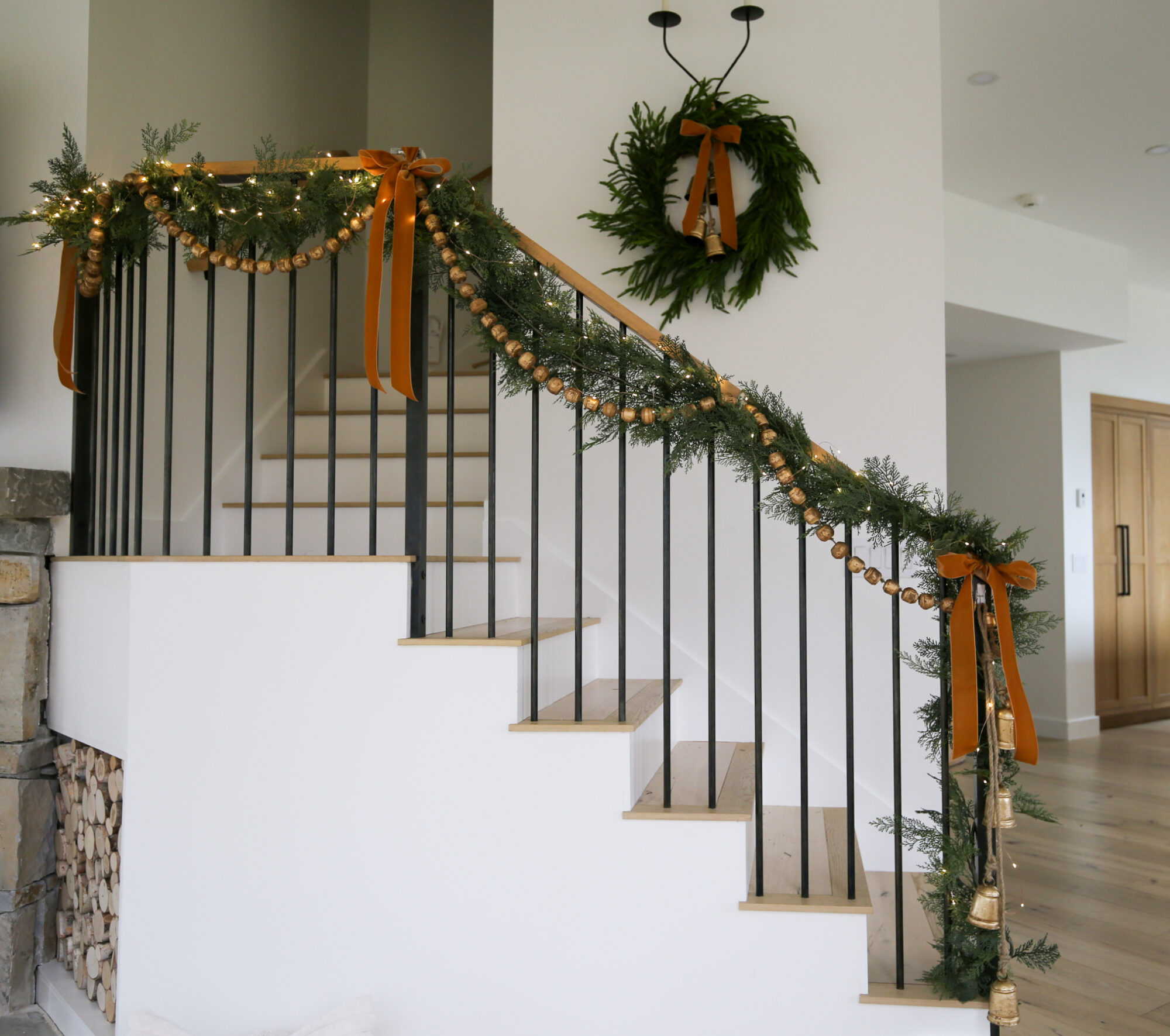 layering garland staircase christmas decor