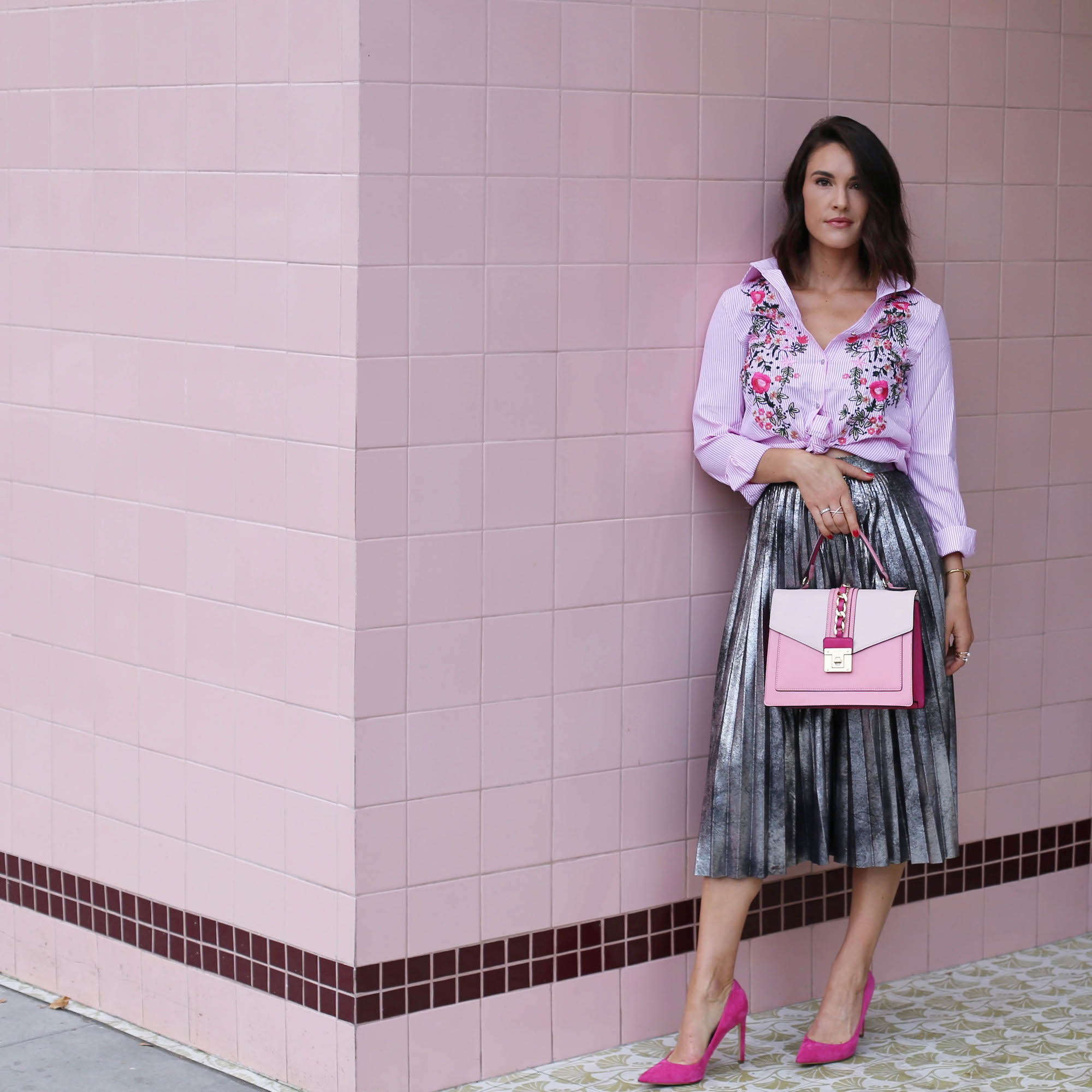 pink and pleated skirt