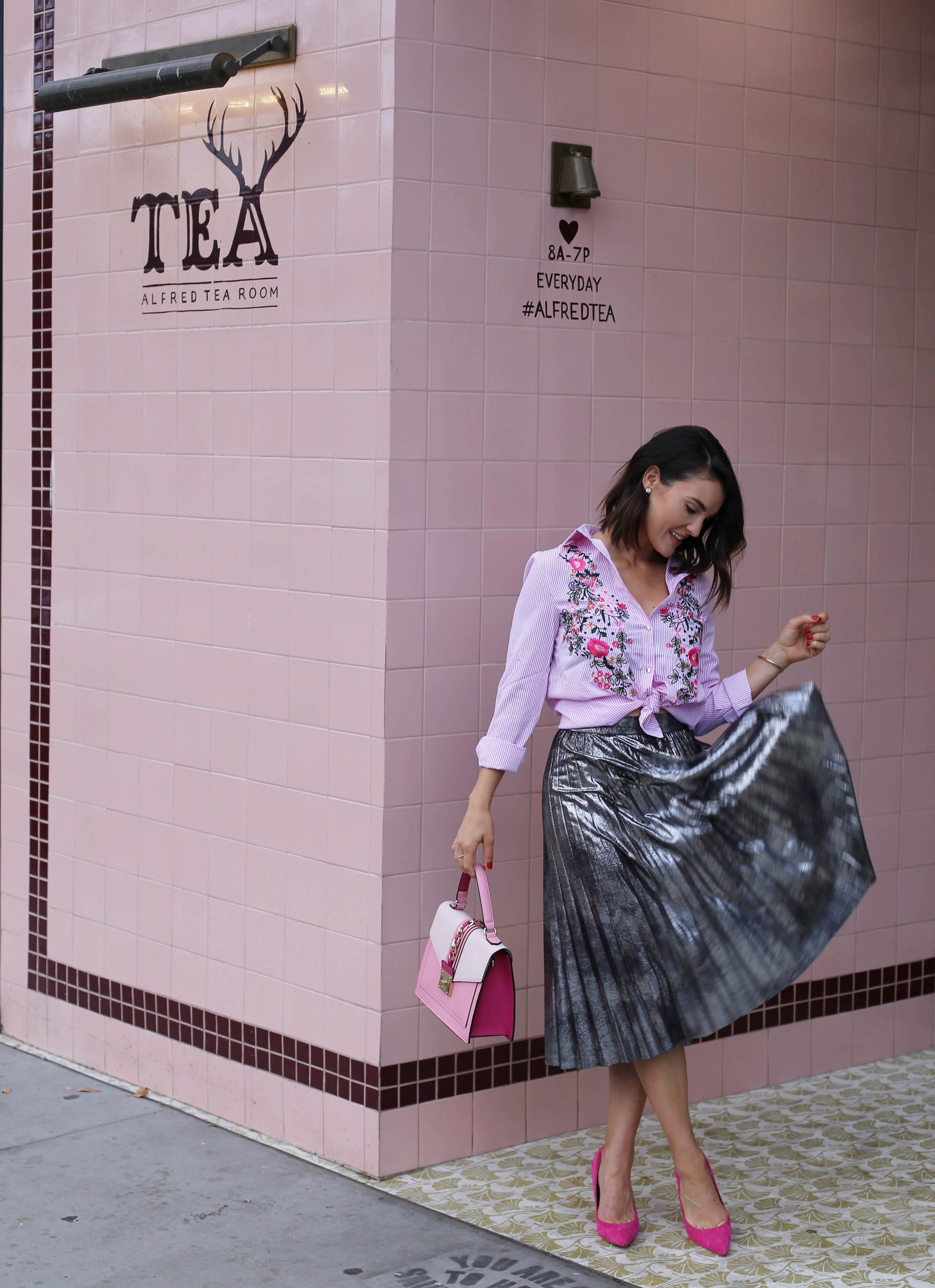 pink and pleated skirt